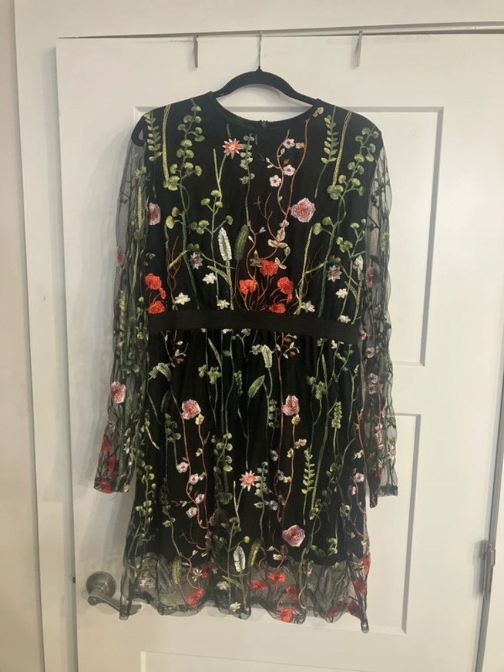 Embroidered Black Floral Mesh Long-Sleeve Dress